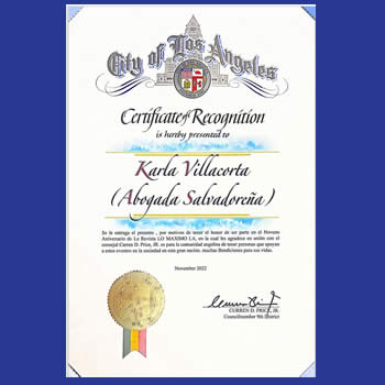Certificate of Recognition of Los Angeles - SALVI FEST